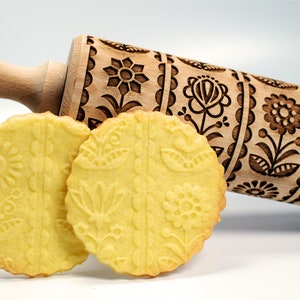 FOLKSY FLOWERS Embossed Rolling pin. Embossing Dough Roller for Gingerbread Cookies and Pottery by Algis Crafts