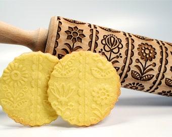 FOLKSY FLOWERS Embossed Rolling pin. Embossing Dough Roller for Gingerbread Cookies and Pottery by Algis Crafts