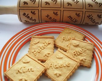 Personalized Rolling Pin with NAMES and symbol. Up to 16 Names/ Words on a Rolling Pin. Lazer engraved for embossed cookies