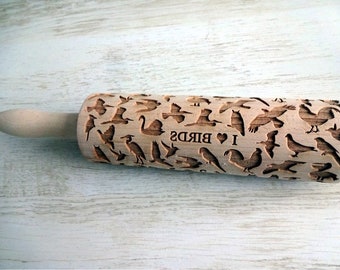 BIRDS Embossing Rolling Pin. I Love Birds pattern. Engraved rolling pin with Birds for embossed cookies. Pottery