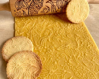 Underwater Embossing Rolling Pin, Water Flowers pattern Birch Wood Engraved Cookie Roller