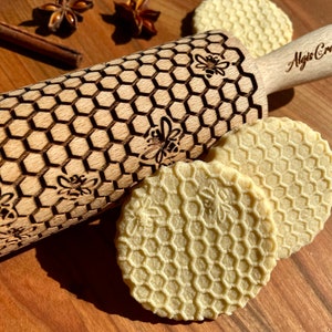 Rouleau à pâtisserie pour gaufrage Abeilles, motif biscuit découpé au laser, bois de bouleau
