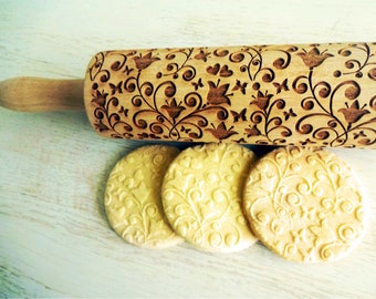 BELLFLOWER Embossing Rolling Pin. Flowers pattern. Engraved rolling pin Tulips for embossed cookies. pottery. Spring. Campanula. Bluebell