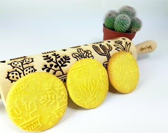 CACTUS Embossing Rolling Pin. SUCCULENT pattern. Engraved dough roller for embossed cookies and Pottery by Algis Crafts