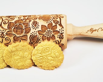 LOTUS Embossing Rolling Pin. Laser Engraved Dough Roller for Embossed Cookies or Pottery by Algis Crafts