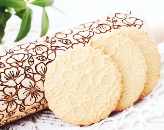 SAKURA Embossing Rolling Pin. Cherry blossoms pattern. Engraved dough roller for embossed cookies and Pottery by Algis Crafts