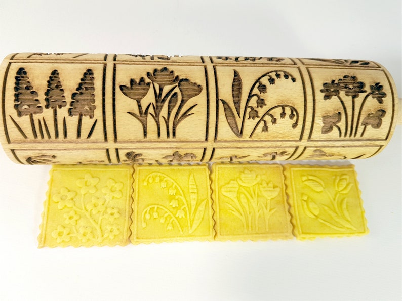SPRING FLOWERS Embossed Rolling Pin with tulips daffodils primrose snowdrops dandelions hyacinths lilies orphans crocuses by Algis Crafts image 6