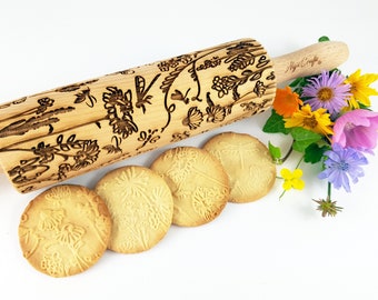 MEADOW embossing Rolling pin Wooden embossed dough roller with wild flowers for embossed cookies and pottery by Algis Crafts