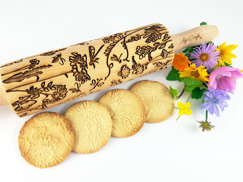 MEADOW embossing Rolling pin Wooden embossed dough roller with wild flowers for embossed cookies and pottery by Algis Crafts image 1