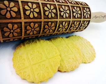 Camomile Embossing Rolling Pin. Flower pattern. Engraved dough roller for embossed cookies and Pottery by Algis Crafts