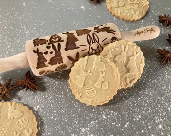 EASTER BUNNIES  kid embossing rolling pin. Engraved roller with Easter rabbits and eggs for embossed cookies by Algis Crafts