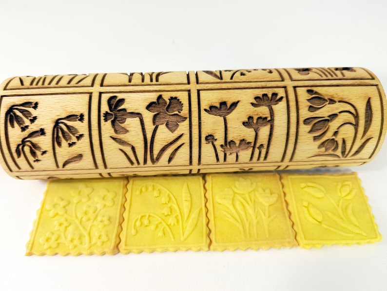 SPRING FLOWERS Embossed Rolling Pin with tulips daffodils primrose snowdrops dandelions hyacinths lilies orphans crocuses by Algis Crafts image 3