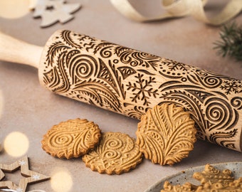 FROST Rolling pin. Embossing rolling pin with frost symbols. Christmas gingerbread cookies. Christmas tree, star, snowflake