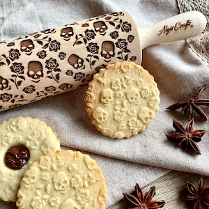 SUGAR SKULL and ROSESEmbossing Rolling Pin. Engraved Dough Roller for Embossed Cookies and Pottery by Algis Crafts **Halloween**
