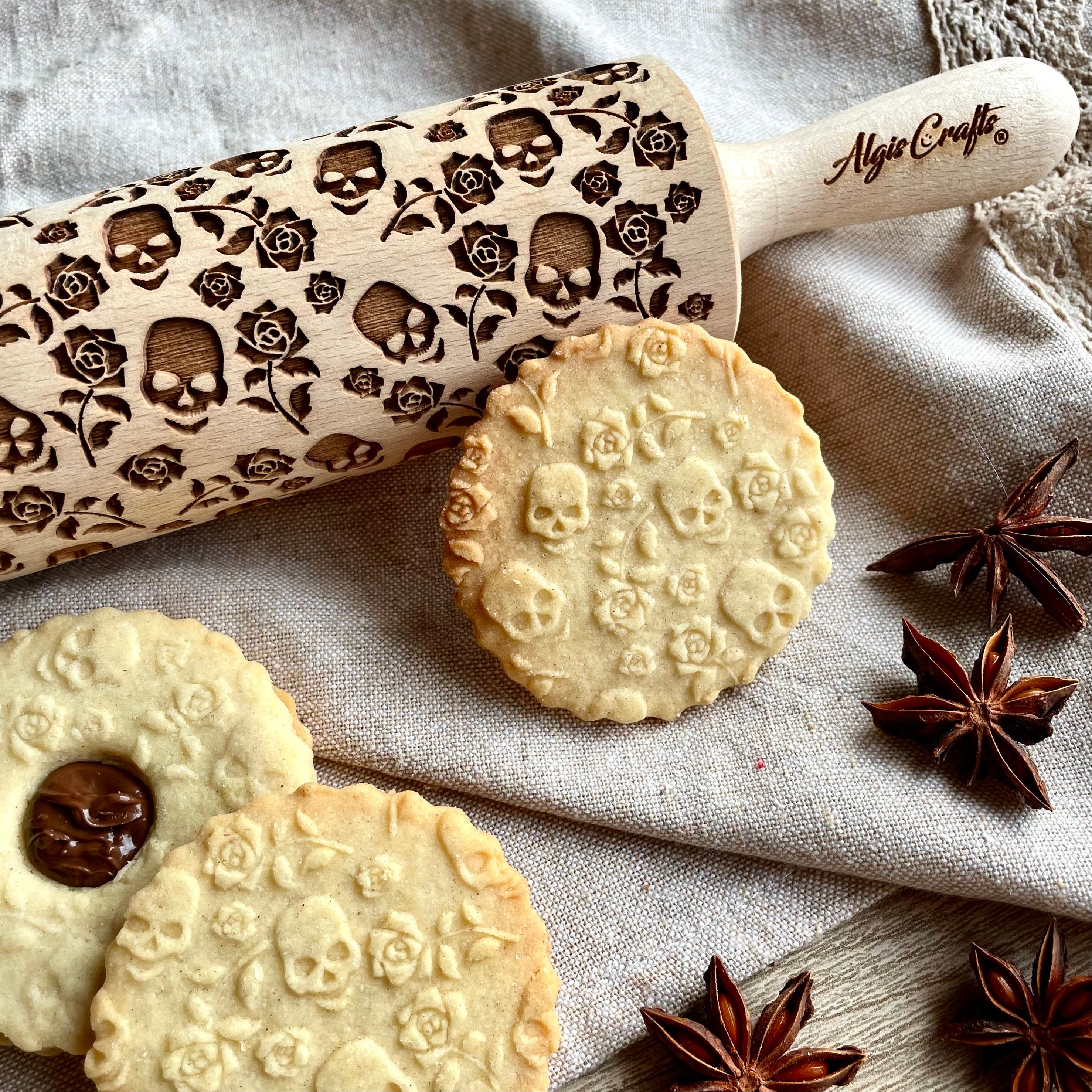 SUGAR SKULL and ROSESEmbossing Rolling Pin. Engraved Dough Roller for Embossed Cookies and Pottery by Algis Crafts **Halloween**