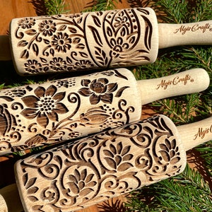FLORET, 3 Kid Rolling pin SET. Wooden Laser Cut Mini Rolling Pins for cookies, play dough, salt dough or clay image 1