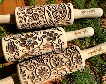 FLORET,  3 Kid Rolling pin SET. Wooden Laser Cut Mini Rolling Pins for cookies, play dough, salt dough or clay