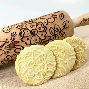 EGLANTINE ROSEHIP Embossing Rolling Pin. Flowers pattern. Engraved dough roller for embossed cookies and Pottery by Algis Crafts