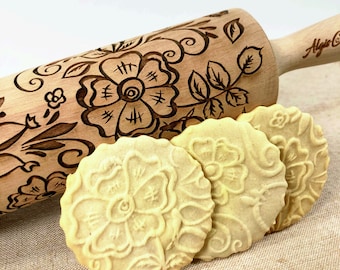 EGLANTINE ROSEHIP Embossing Rolling Pin. Flowers pattern. Engraved dough roller for embossed cookies and Pottery by Algis Crafts