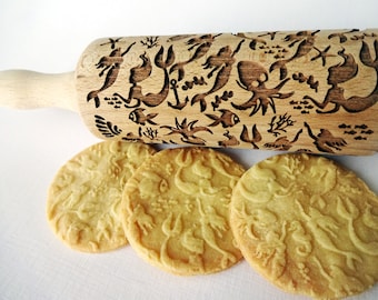 LITTLE MERMAID mini size rolling pin. Engraved rolling pin with Fish, sea Horse, sea Star, squid, seamaid. Embossing kid rolling pin. Cookie