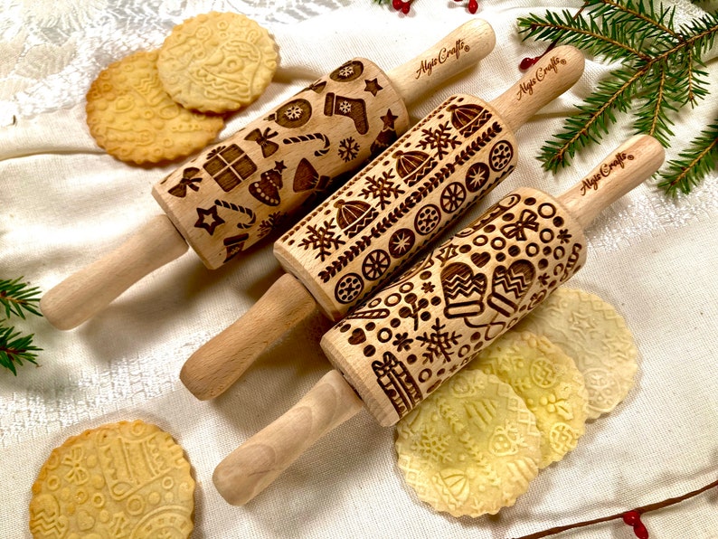 CHRISTMAS FUN 3 Kid Embossing Rolling pin SET. Christmas tree. Snowflake. Winter. Star. Gingerbread. Children Rolling Pin for cookies image 4