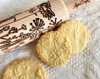 MEADOW エンボス加工の麺棒 ミニサイズ。Algis Crafts のクッキーや陶器用のテクスチャ加工生地ローラー。
