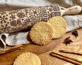 CHRISTMAS PRINTS Embossed Rolling pin. Embossing Rolling Pin with Christmas Pattern for Gingerbread Cookies by Algis Crafts