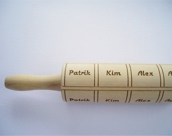 Personalized Rolling Pin with NAMES. Up to 16 Names/ Words on a Rolling Pin. Lazer engraved embossing rolling pin for personalized cookies