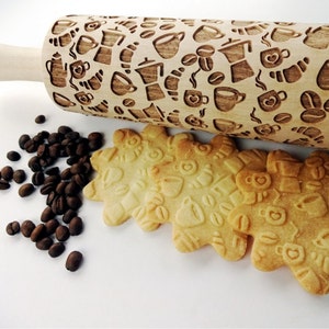 Coffee Pattern Embossing Rolling Pin, Laser Engraved Beechwood Cookies Dough Roller