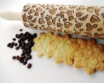 COFFEE STYLE Embossing Rolling Pin. Pattern with  Coffee. Laser engraved rolling pin.  COFFEE pattern rolling pin. Latte. Mocha.