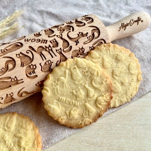 Meow CATS Pattern Embossing Rolling Pin. Engraved Dough Roller with Kitties for Embossed Cookies or Ceramic