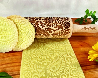 INDIAN Embossed Rolling Pin Mini Size. Textured Dough Roller for Cookies and Pottery by Algis Crafts