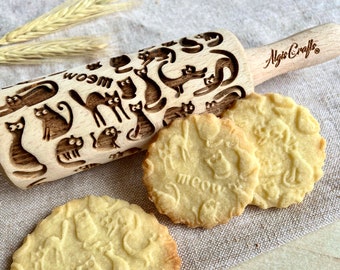 MEOW Cats mini Embossing Rolling Pin for Cookies. Birthday Gift for Cat Lovers from Dough Roller