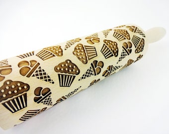 CUPCAKES and ICE CREAM Embossing Rolling Pin. Laser engraved rolling pin with Cupcakes and Ice Cream. Fun gift for friend.