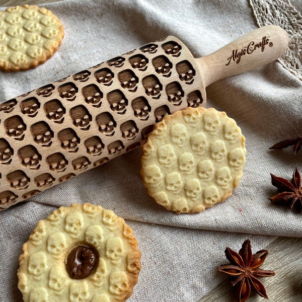 SKULLS Embossing Rolling Pin. Engraved Dough Roller for Embossed Cookies and Pottery by Algis Crafts Halloween