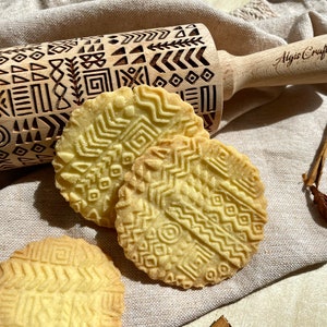 TRIBAL Embossing Rolling Pin. Engraved Dough Roller for Embossed Cookies and Pottery by Algis Crafts
