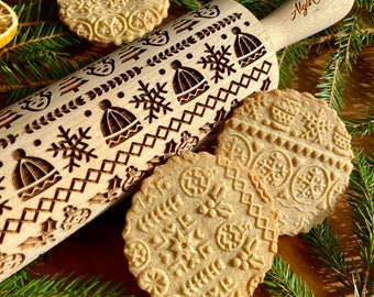 WINTER Rolling pin. Embossing rolling pin with winter symbols. Christmas gingerbread cookies. Christmas tree, star, snowflake