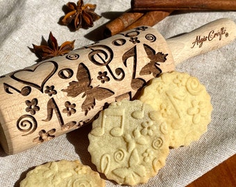 SUMMER kids rolling pin. Textured Dough Roller with butterflies, hearts for Cookies and Pottery by Algis Crafts