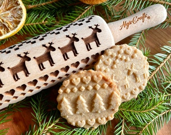 SCANDINAVIAN CHRISTMAS Embossed Rolling Pin Mini Size. Textured Dough Roller with Christmas Pattern for Cookies and Pottery by Algis Crafts