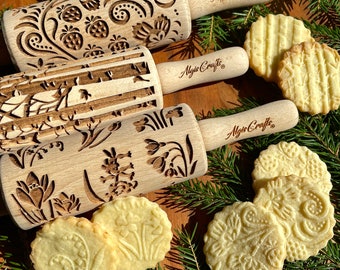 SEEASONS,  3 Kid Embossed Rolling Pin SET. Wooden Laser Cut Mini Rolling Pins for cookies, play dough, salt dough or clay