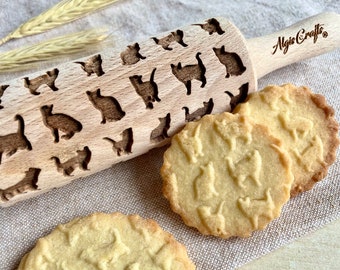 CATS Small Size Embossing Rolling Pin for Embossed Cookies with Cats. Birthday and Christmas gift from Algis Crafts