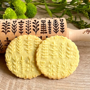 HERBS Embossed Rolling Pin with Leafy Green and Flowering Plants on Embossed Dough Roller by Algis Crafts