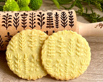 Herbs Embossed Rolling Pin: Leafy Herbs and Flowers, Cookie Stamp, Birch Wood