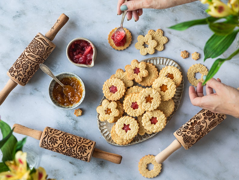 FLORET, 3 Kid Rolling pin SET. Wooden Laser Cut Mini Rolling Pins for cookies, play dough, salt dough or clay image 4