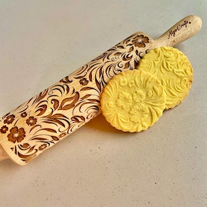VERONICA Embossing Rolling Pin. Flowers pattern. Engraved dough roller for embossed cookies and Pottery by Algis Crafts