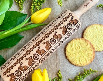EASTER RIBBON Embossing Rolling Pin. Engraved roller with Easter rabbits and eggs for embossed cookies by Algis Crafts