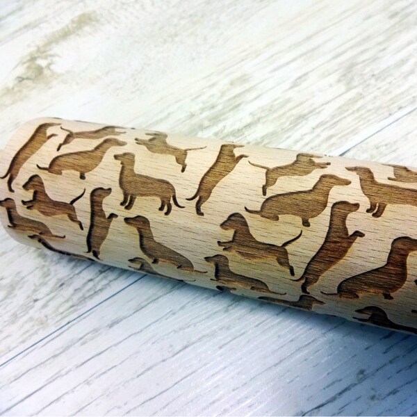 Dachshund Dog Embossing Rolling Pin, Engraved Cookie Roller for Dog Fan, Birch Wood
