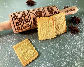 SPRING FLOWERS Embossed Rolling Pin Mini Size. Textured Dough Roller for Cookies and Pottery by Algis Crafts