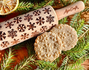 SNOWFLAKE embossing rolling pin for CHRISTMAS baking. KID size rolling pin for pottery by Algis Crafts