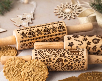 CHRISTMAS FUN 3 Kid Embossing Rolling pin SET. Christmas tree. Snowflake. Winter. Star. Gingerbread. Children Rolling Pin for cookies